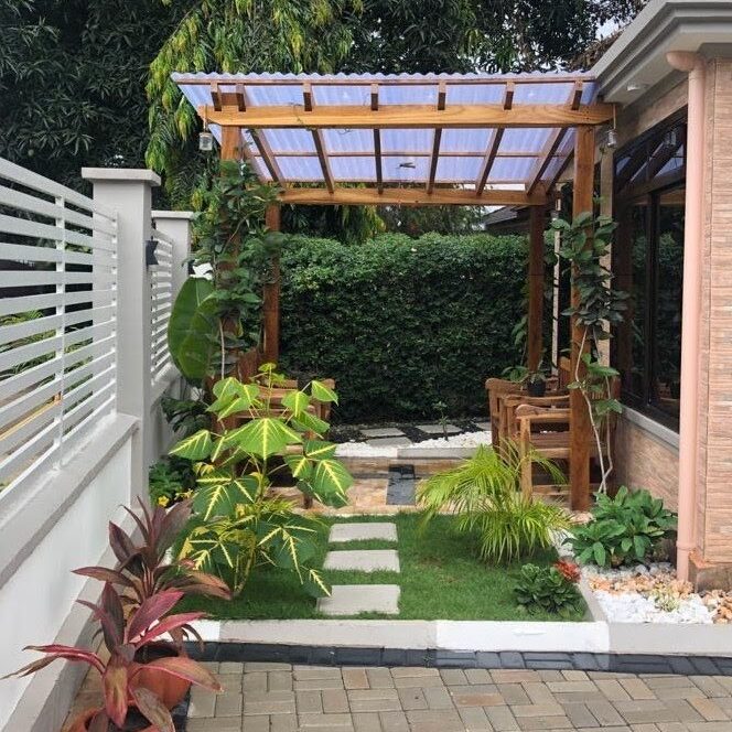 completed pergola with flowers